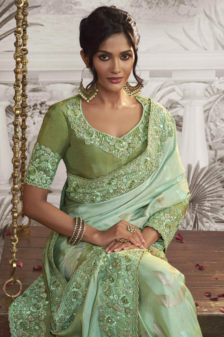 Incredible Heavy Embroidered Fancy Fabric Sea Green Color Saree With Party Look Blouse