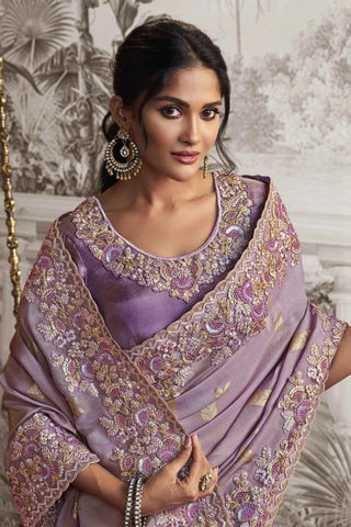 Fancy Fabric Tempting Lavender Color Heavy Embroidery Work Saree With Party Look Blouse