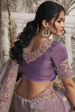 Fancy Fabric Tempting Lavender Color Heavy Embroidery Work Saree With Party Look Blouse