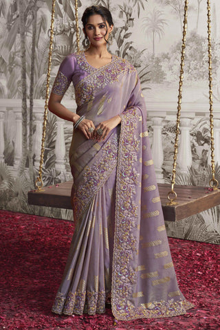 Fancy Fabric Tempting Lavender Color Heavy Embroidery Work Saree With Party Look Blouse