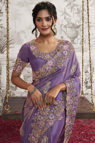 Classic Heavy Embroidery Work Purple Color Fancy Fabric Saree With Party Look Blouse