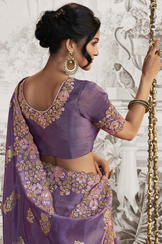 Classic Heavy Embroidery Work Purple Color Fancy Fabric Saree With Party Look Blouse