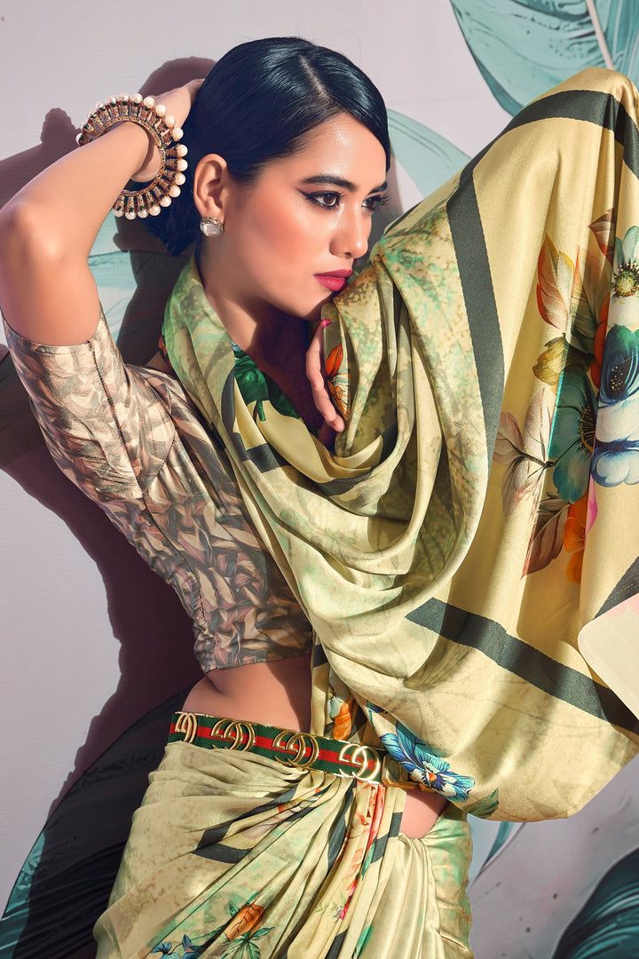 Embellished Green Color Digital Printed Satin Fabric Saree