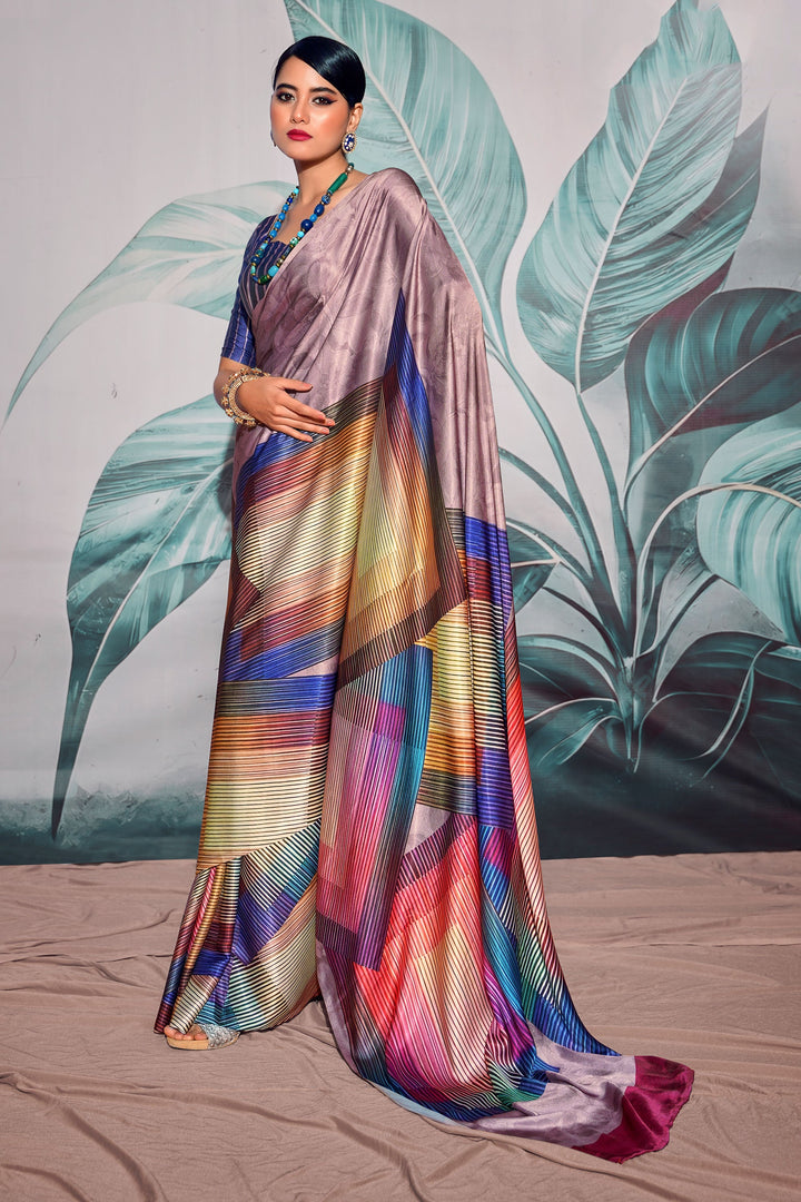 Multi Color Fascinating Digital Printed Satin Fabric Saree | Buy Online India