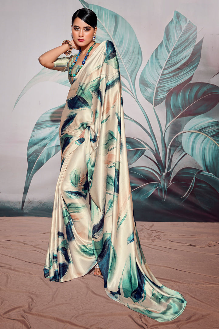 Fashionable Beige Color Digital Printed Satin Fabric Saree
