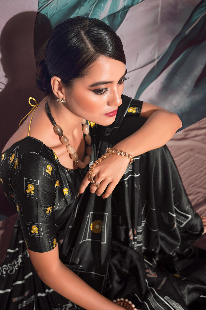 Glamorous Black Color Digital Printed Satin Fabric Saree