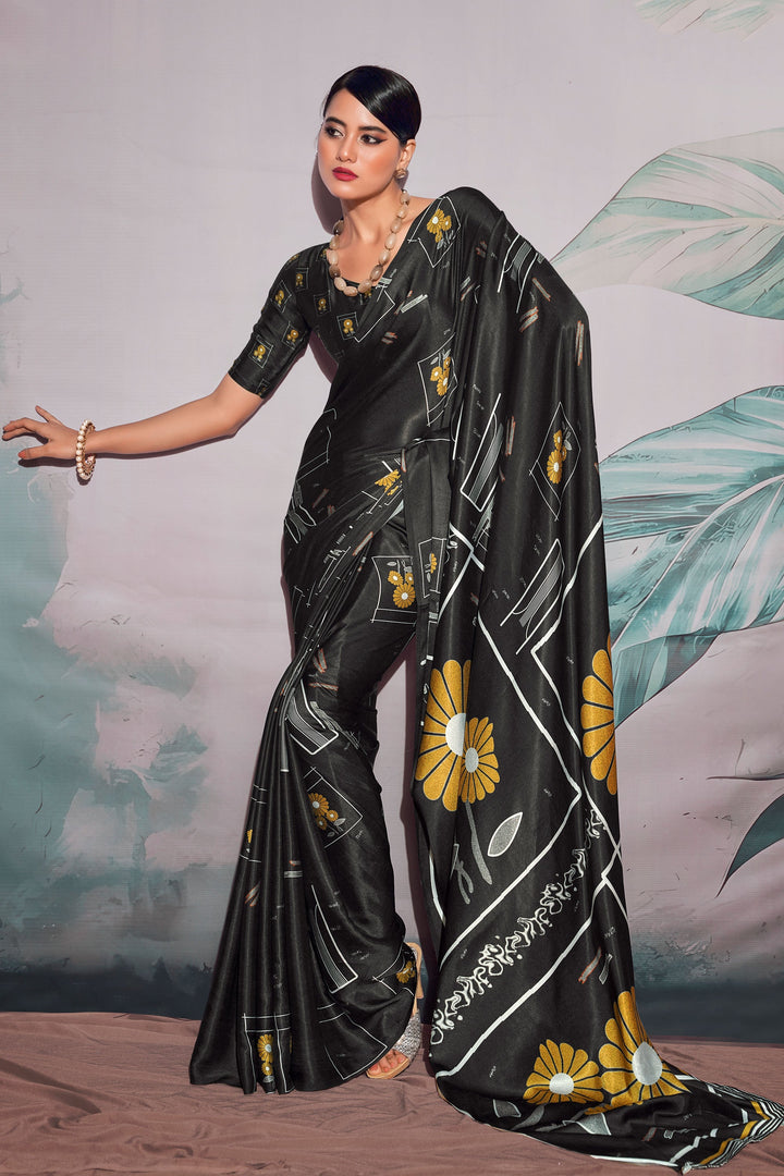 Glamorous Black Color Digital Printed Satin Fabric Saree
