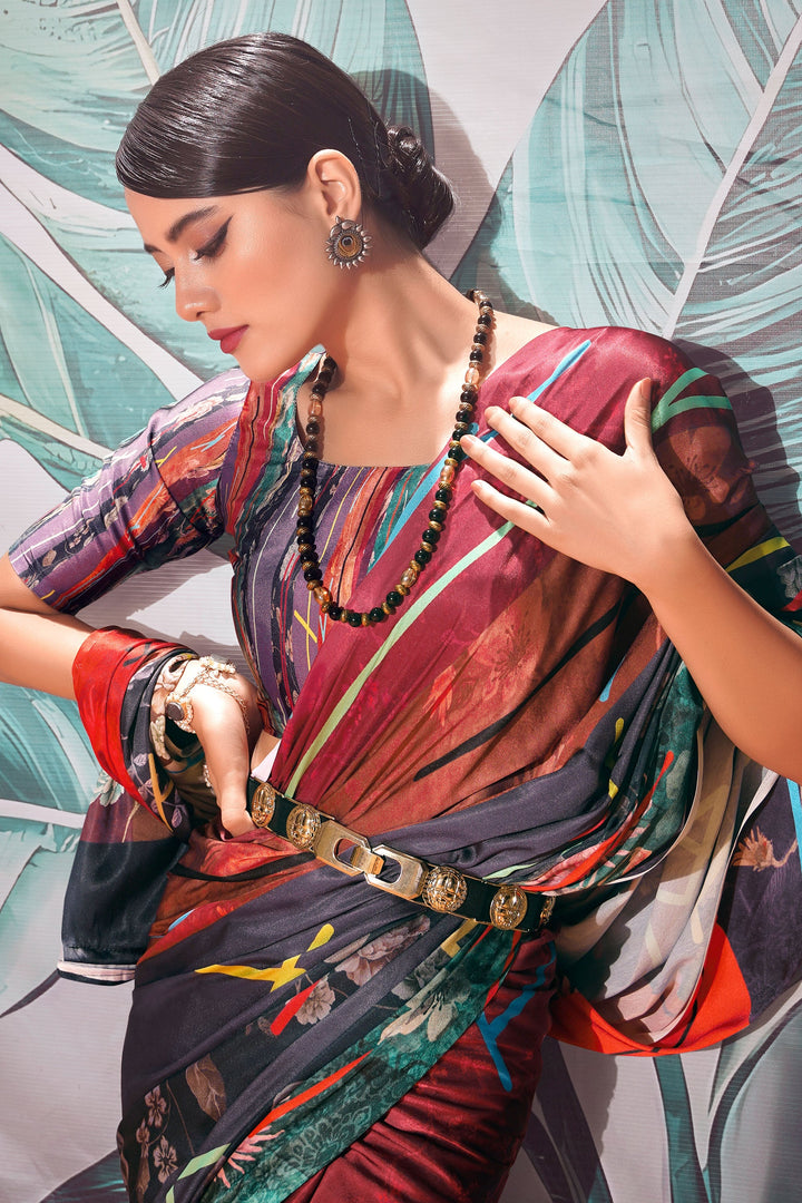 Multi Color Gorgeous Digital Printed Satin Fabric Saree
