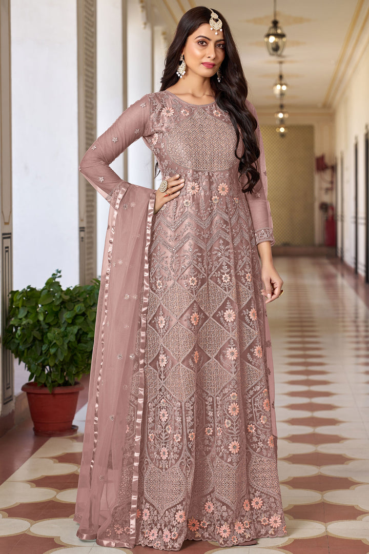 Dazzling Net Fabric Peach Color Sangeet Look Anarkali Suit