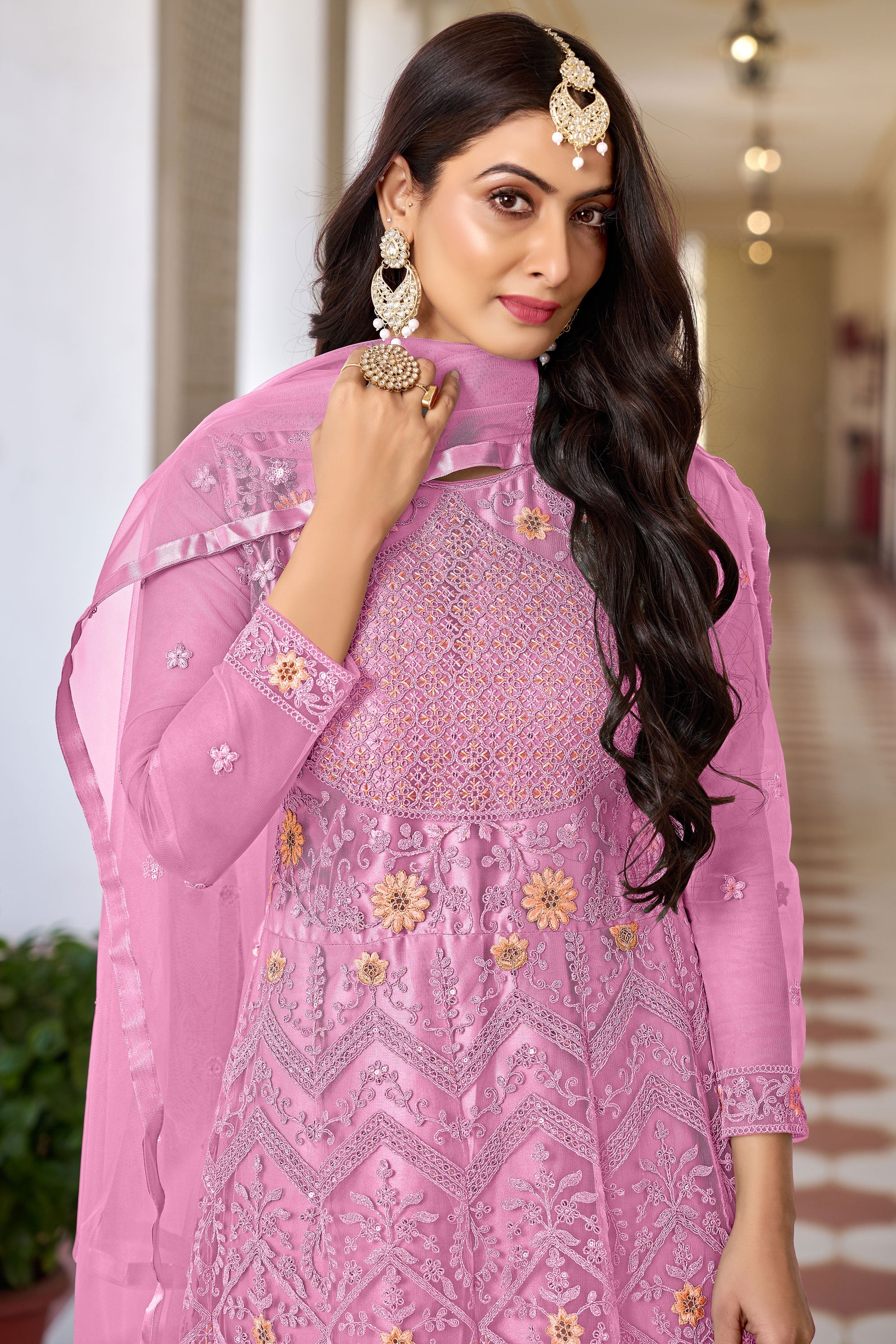 Radiant Pink Color Net Fabric Sangeet Wear Anarkali Suit With Embroidered Work