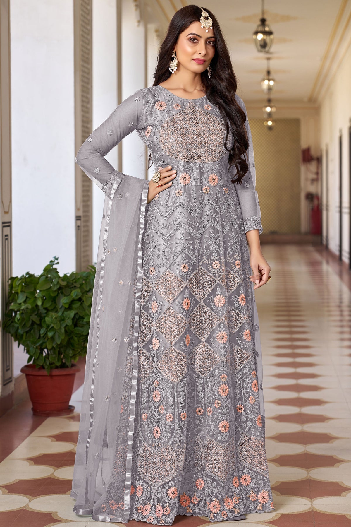 Embroidered Net Fabric Grey Color Excellent Sangeet Wear Anarkali Suit