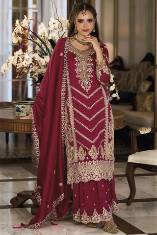 Function Wear Art Silk Fabric Embroidered Readymade Palazzo Suit In Rani Color