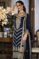 Load image into Gallery viewer, Navy Blue Color Function Wear Readymade Palazzo Suit In Art Silk Fabric