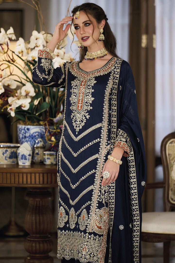 Navy Blue Color Function Wear Readymade Palazzo Suit In Art Silk Fabric