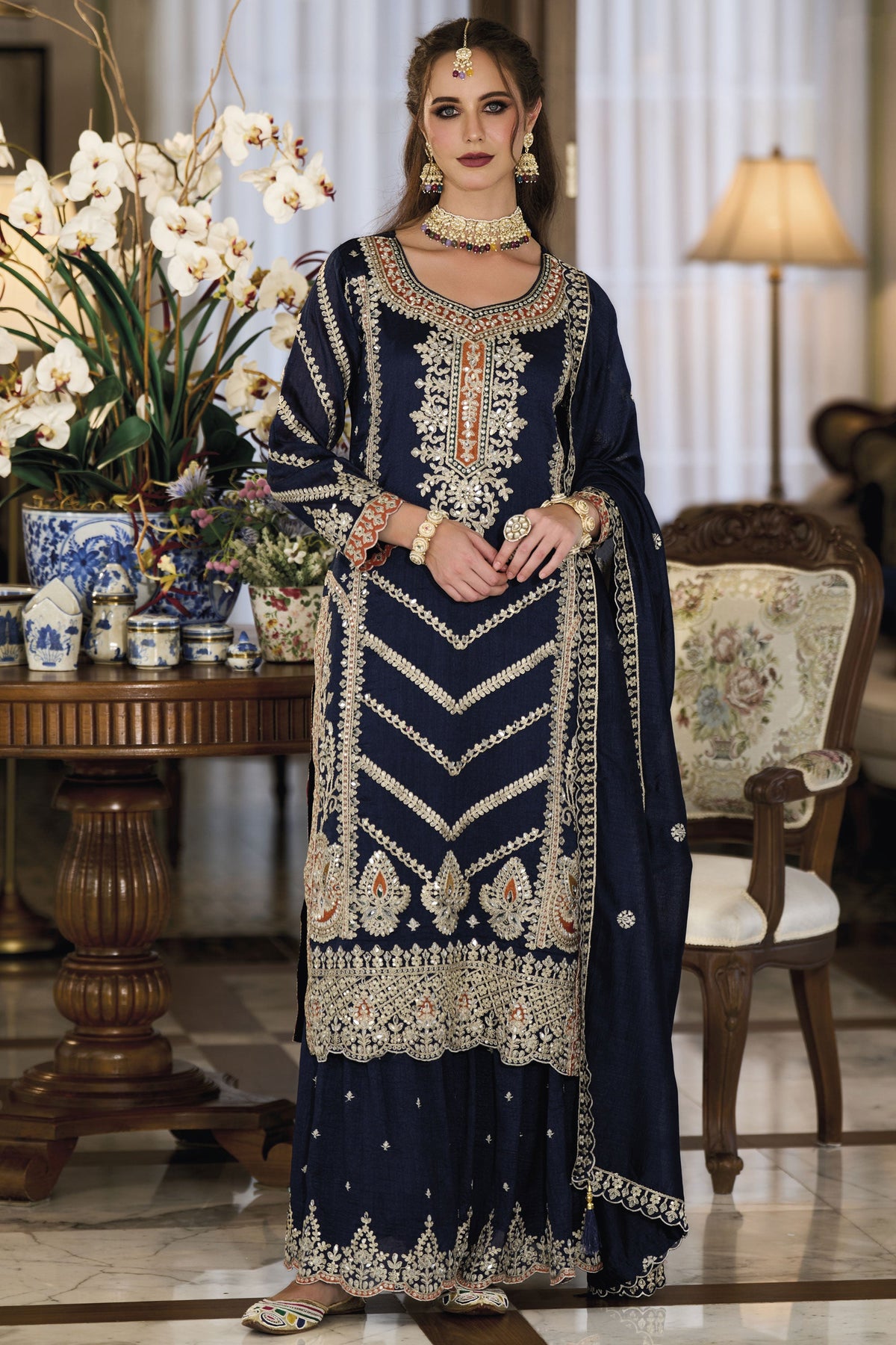 Navy Blue Color Function Wear Readymade Palazzo Suit In Art Silk Fabric