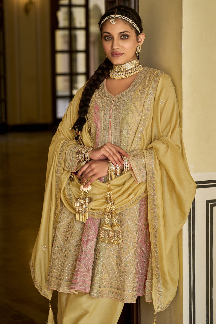 Glorious Beige Color Embroidered Patiala Suit In Chinon Fabric