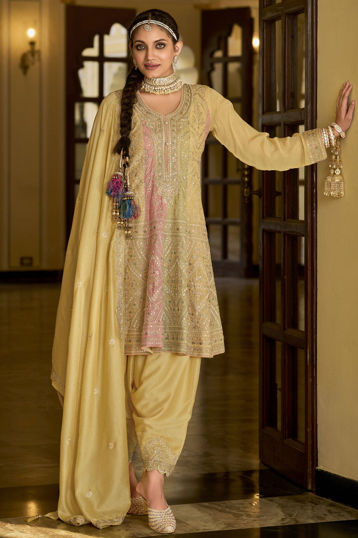 Glorious Beige Color Embroidered Patiala Suit In Chinon Fabric