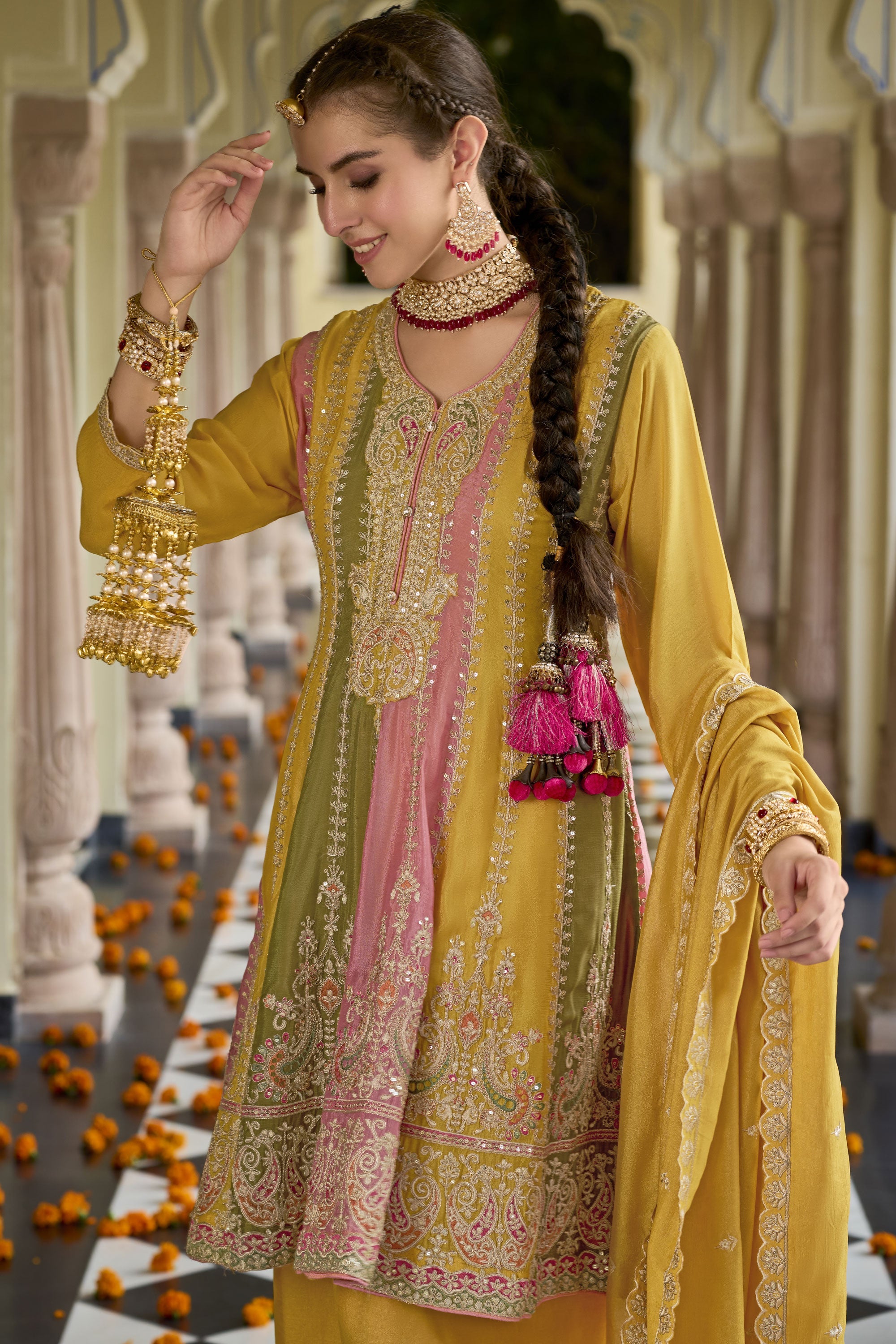 Attractive Embroidered Chinon Fabric Salwar Suit In Yellow Color