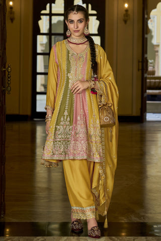 Attractive Embroidered Chinon Fabric Salwar Suit In Yellow Color