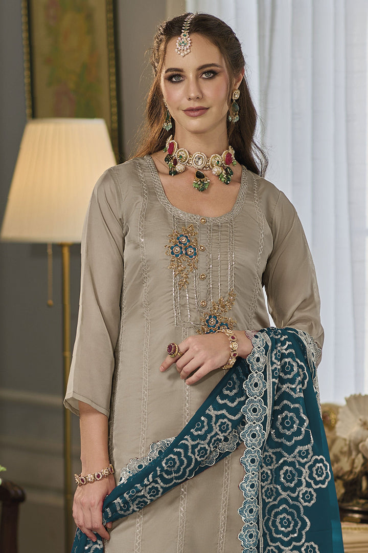 Exclusive Dark Beige Color Readymade Salwar Suit In Organza Fabric | Buy Online India