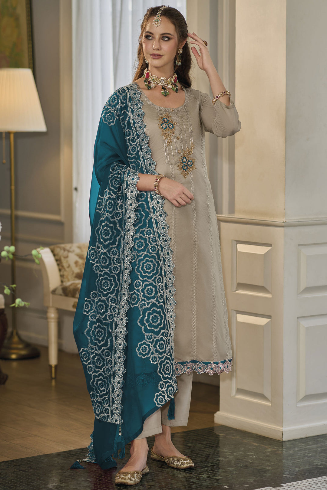 Exclusive Dark Beige Color Readymade Salwar Suit In Organza Fabric | Buy Online India