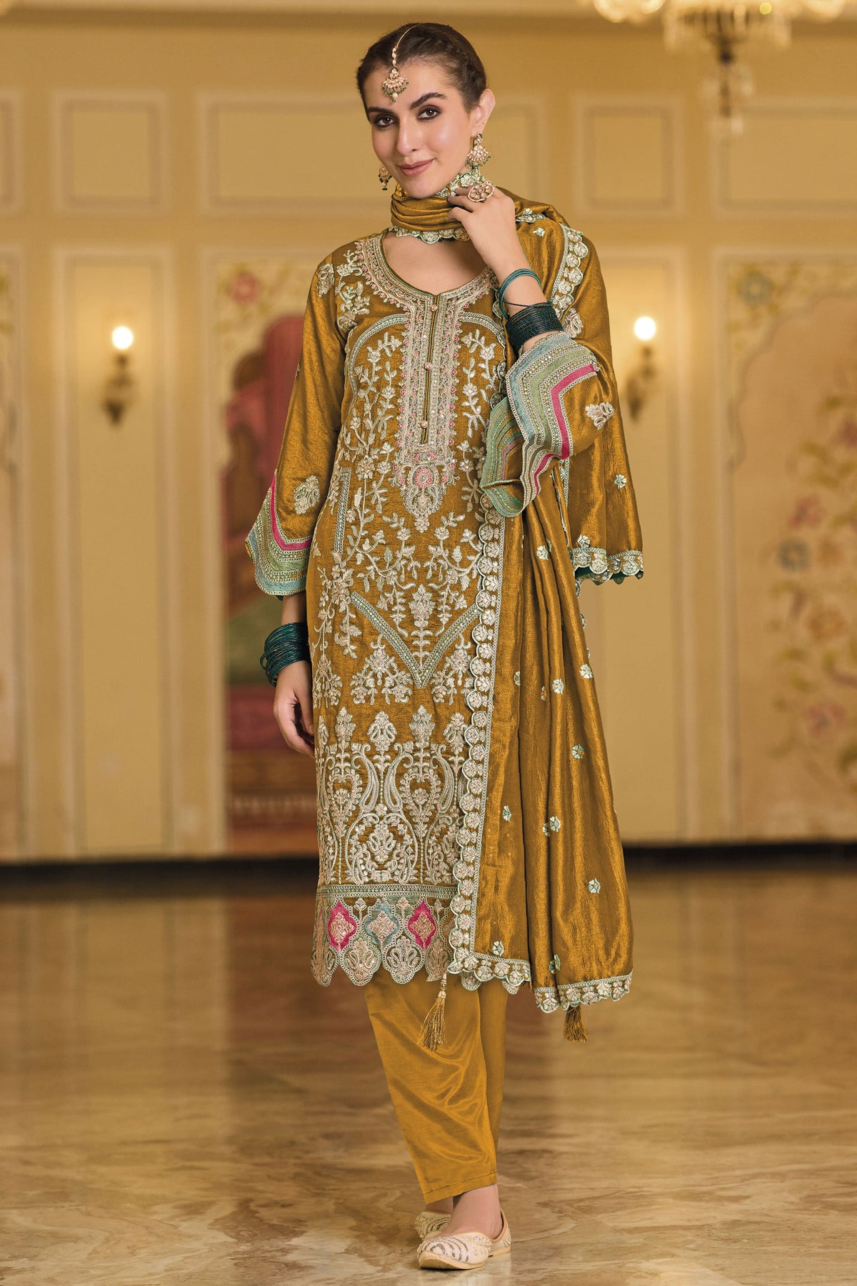 Beautiful Party Style Mustard Color Art Silk Fabric Salwar Suit