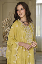 Load image into Gallery viewer, Appealing Embroidered Work On Organza Fabric Salwar Suit In Yellow Color
