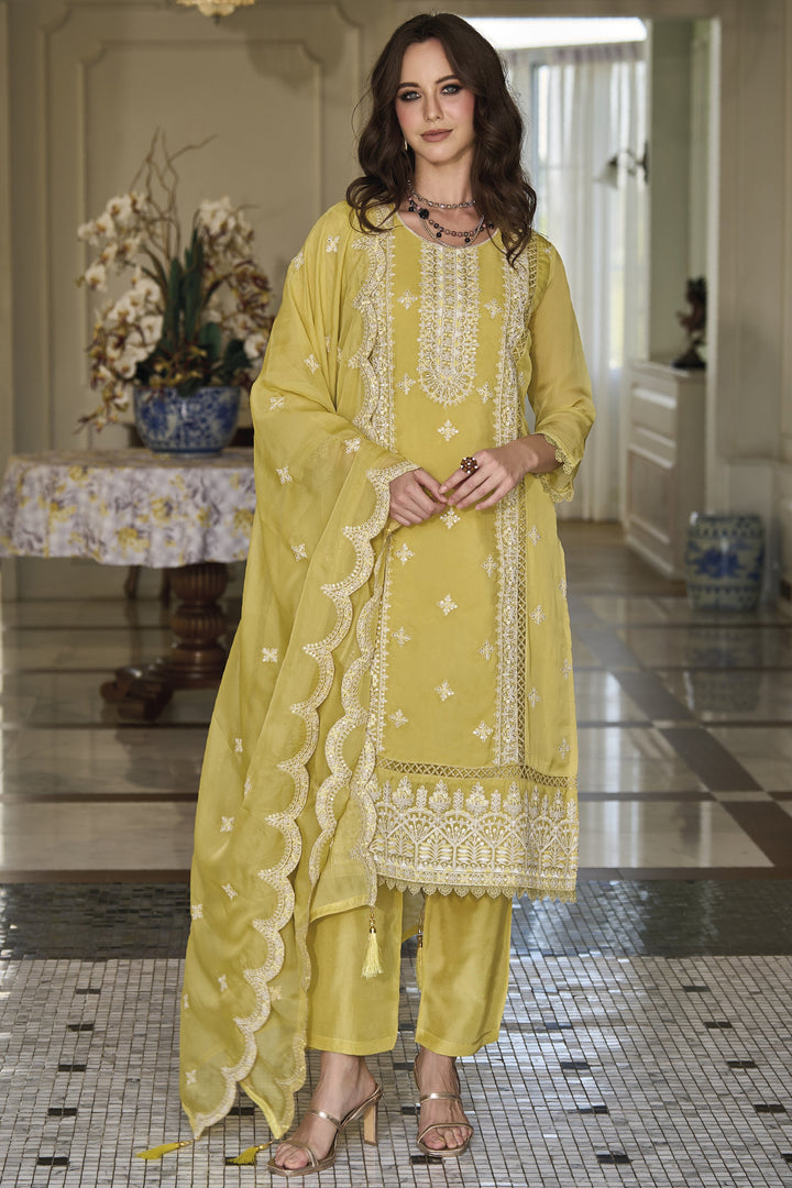 Appealing Embroidered Work On Organza Fabric Salwar Suit In Yellow Color