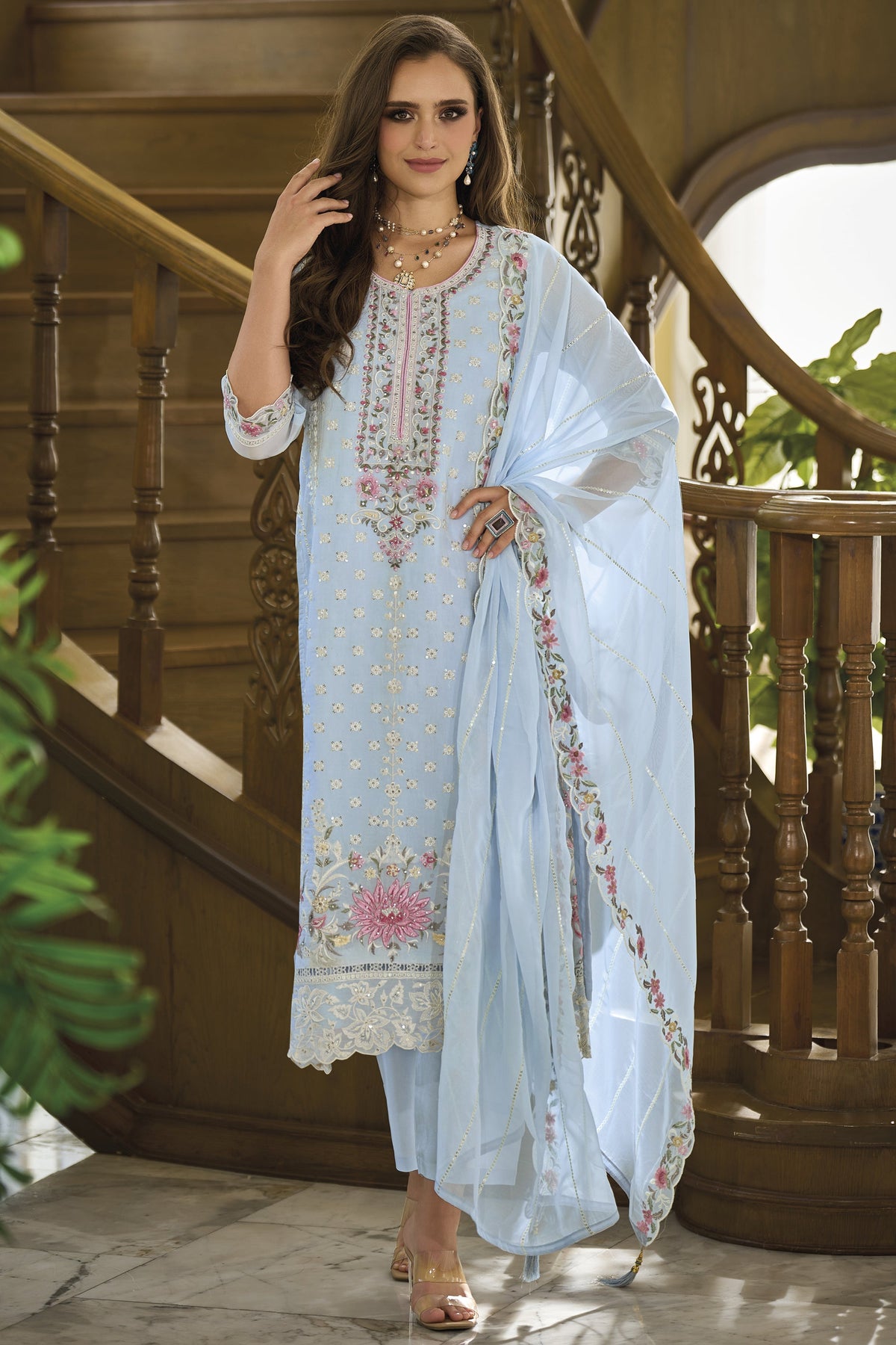 Embroidered Work On Light Cyan Color Aristocratic Organza Fabric Salwar Suit