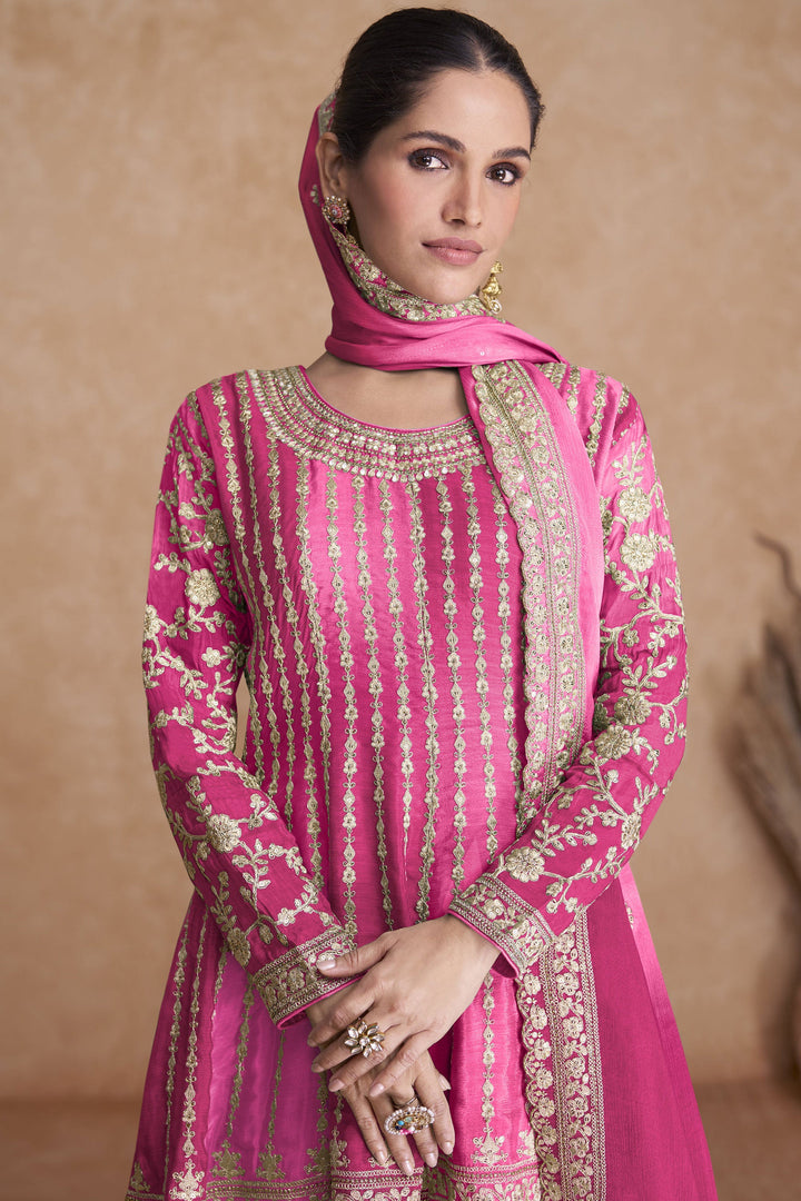 Vartika Singh Pink Color Fantastic Chinon Readymade Sharara Suit In Sangeet Wear