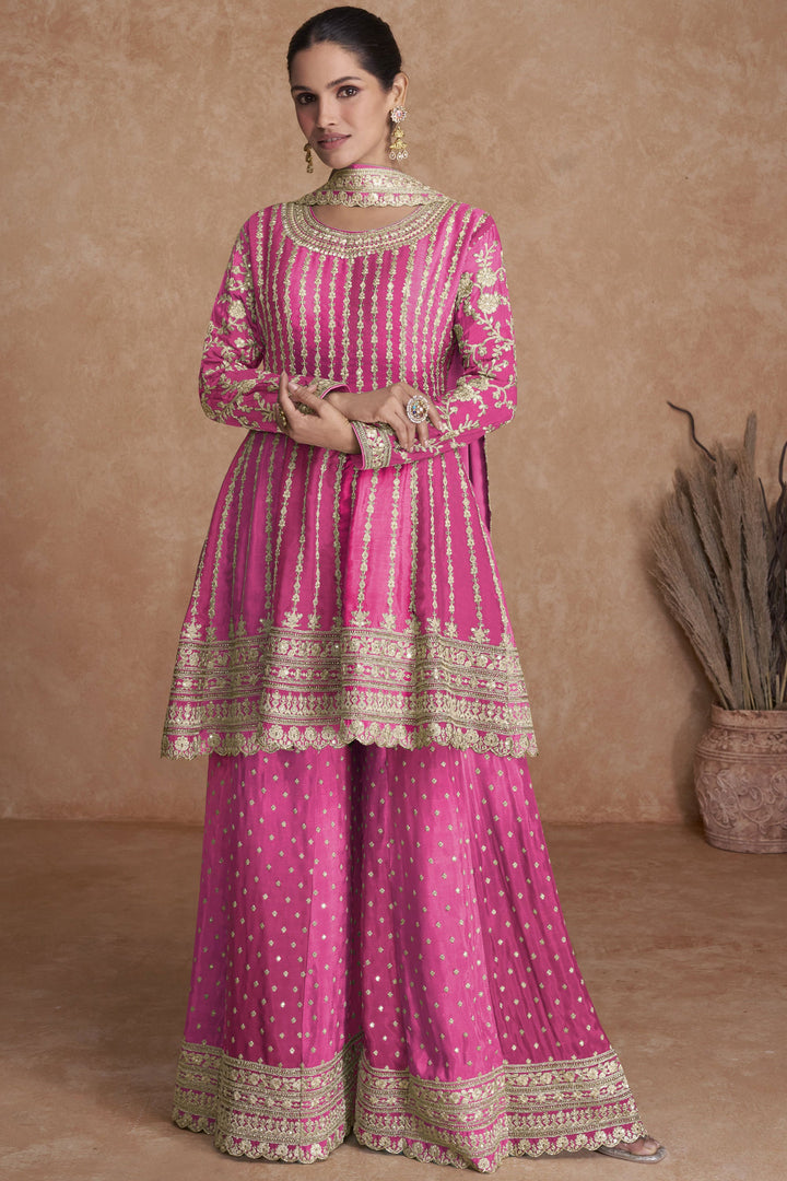 Vartika Singh Pink Color Fantastic Chinon Readymade Sharara Suit In Sangeet Wear