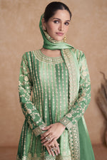 Load image into Gallery viewer, Vartika Singh Appealing Sangeet Wear Chinon Readymade Sharara Suit In Green Color
