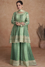 Load image into Gallery viewer, Vartika Singh Appealing Sangeet Wear Chinon Readymade Sharara Suit In Green Color

