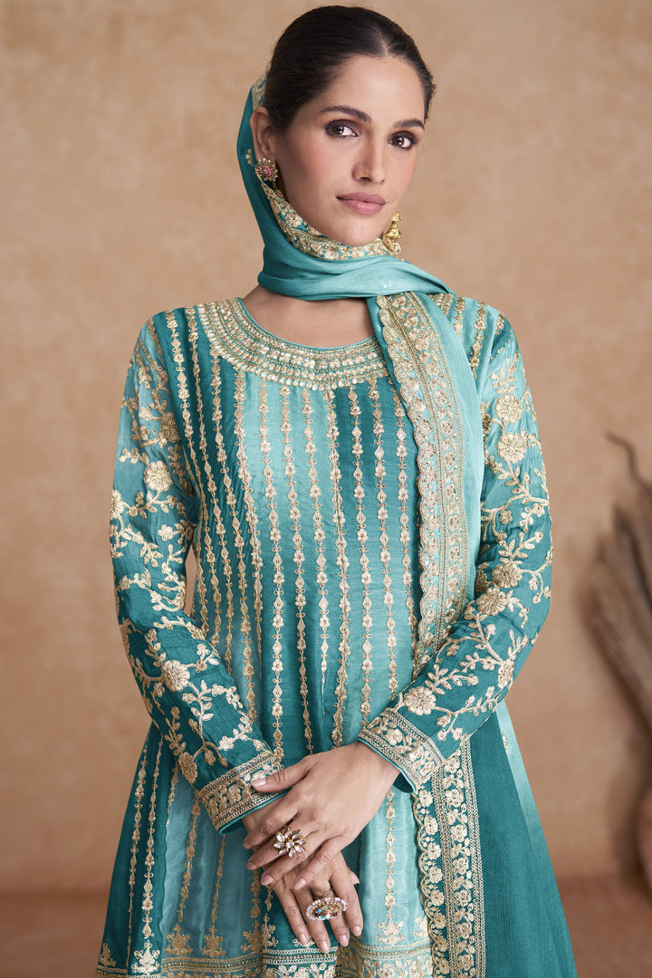 Vartika Singh Sangeet Wear Cyan Color Aristocratic Chinon Readymade Sharara Suit