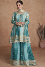 Load image into Gallery viewer, Vartika Singh Sangeet Wear Cyan Color Aristocratic Chinon Readymade Sharara Suit
