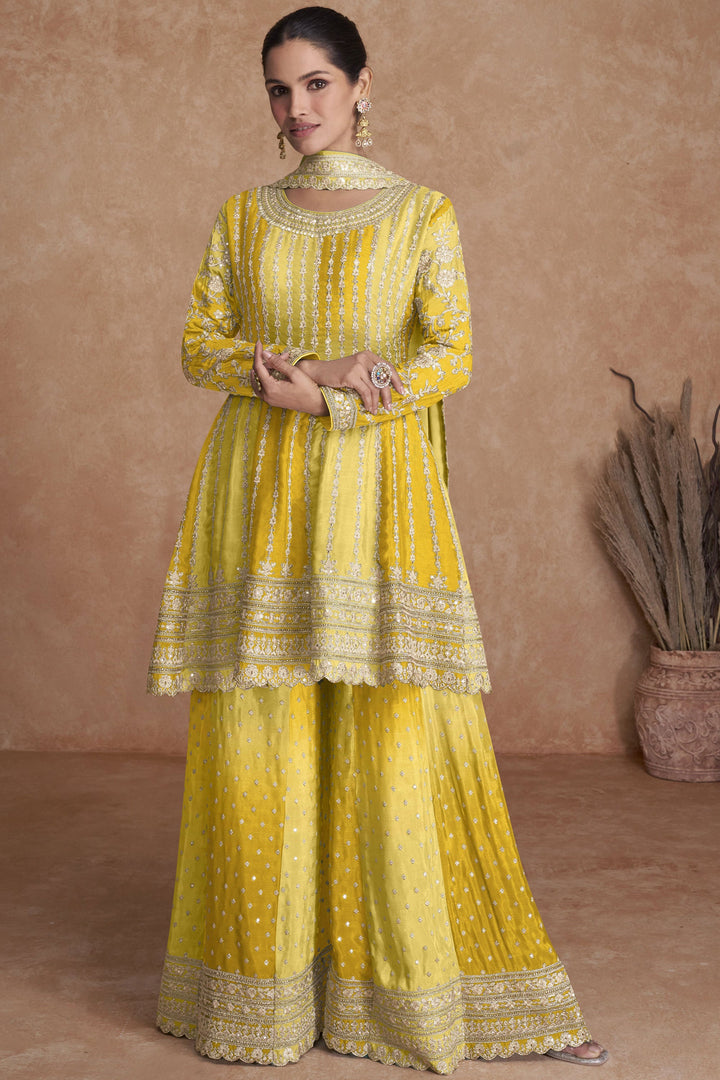 Vartika Singh Imperial Yellow Color Chinon Readymade Sharara Suit In Sangeet Wear
