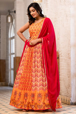 Load image into Gallery viewer, Orange Color Exquisite Digital Printed Readymade Gown With Dupatta In Dola Silk Fabric
