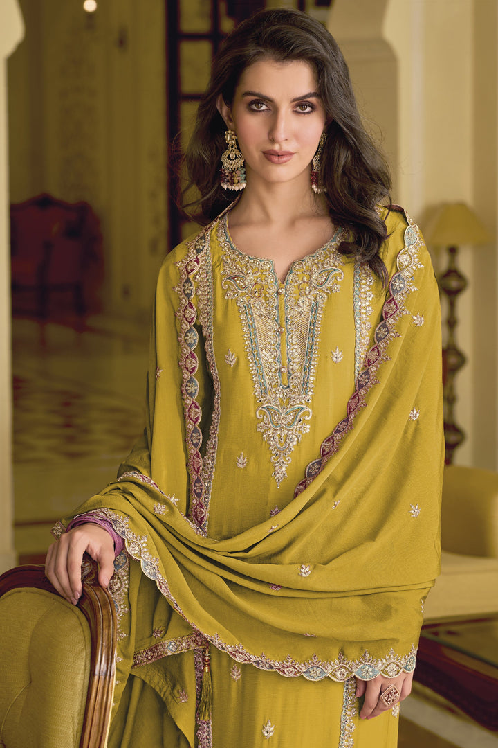 Yellow Color Lovely Festive Look Chinon Readymade Salwar Suit