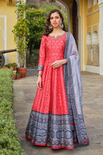Load image into Gallery viewer, Silk Fabric Red Color Supreme Readymade Gown With Dupatta
