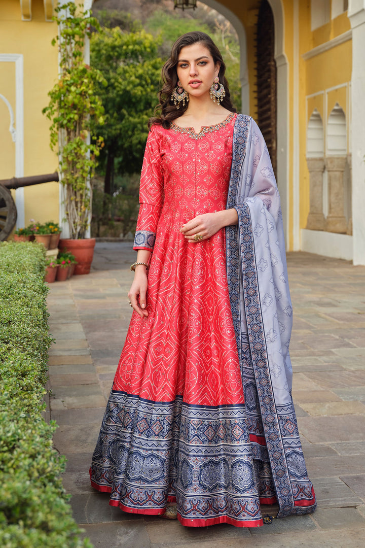 Silk Fabric Red Color Supreme Readymade Gown With Dupatta