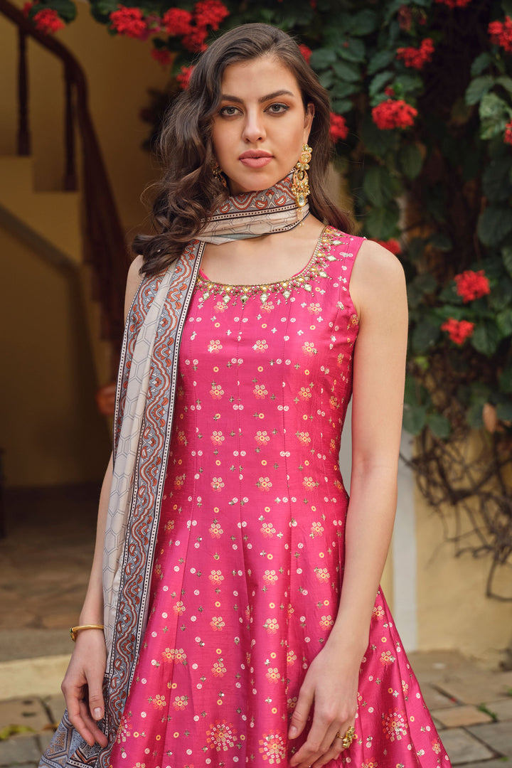 Excellent Silk Fabric Pink Color Bright Readymade Gown With Dupatta