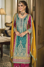 Load image into Gallery viewer, Art Silk Fabric Cyan Color Elegant Embroidered Readymade Palazzo Suit

