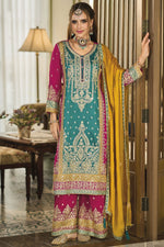 Load image into Gallery viewer, Art Silk Fabric Cyan Color Elegant Embroidered Readymade Palazzo Suit
