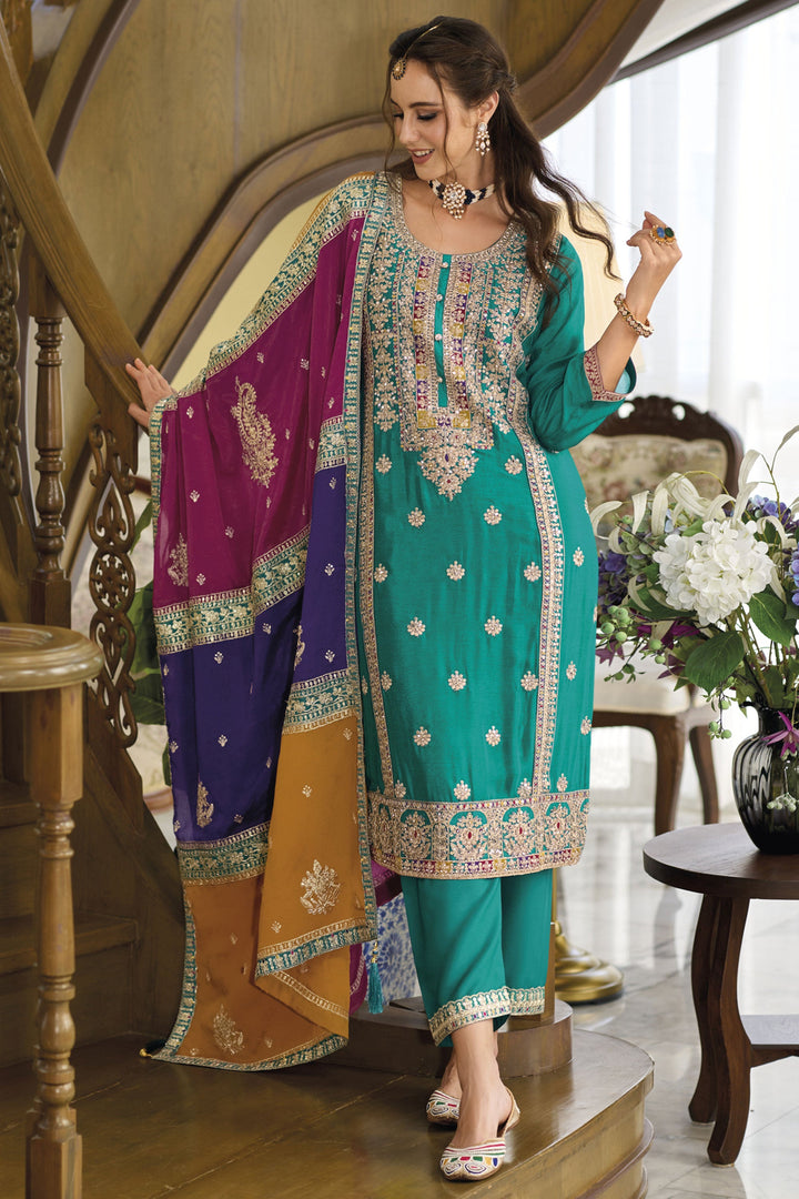 Exclusive Embroidered Work On Cyan Color Readymade Salwar Suit In Chinon Fabric