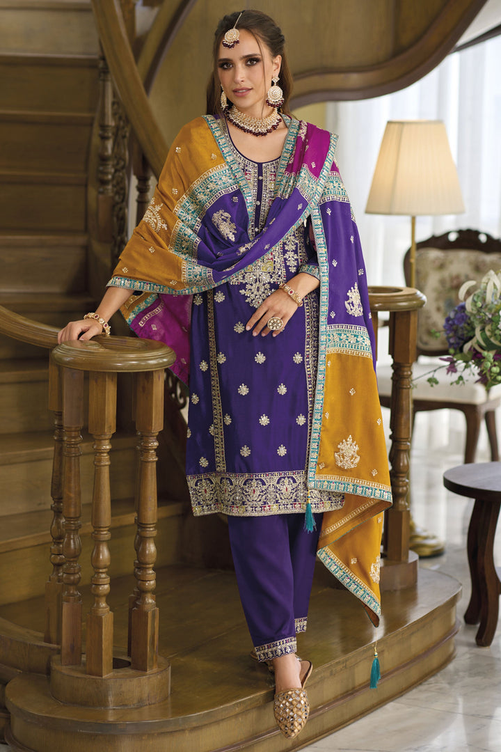 Purple Color Exquisite Embroidered Work Readymade Salwar Suit In Chinon Fabric