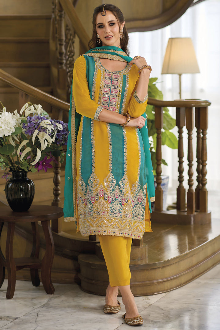 Attractive Function Wear Yellow Color Organza Fabric Readymade Salwar Suit