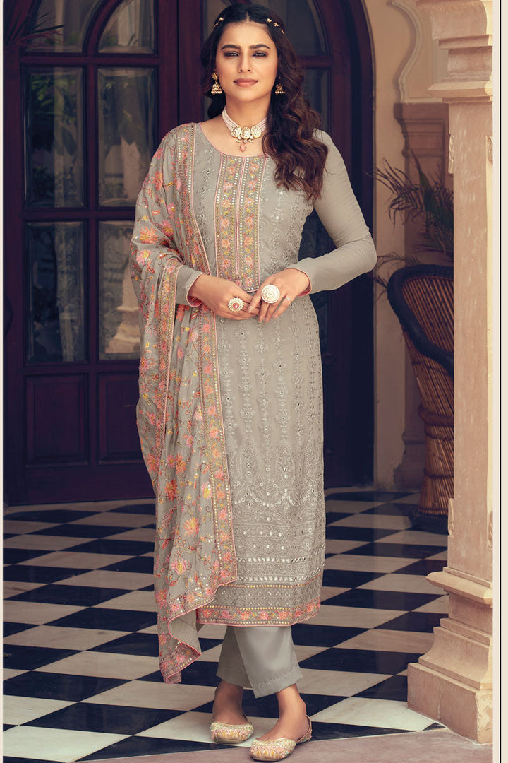 Enticing Beige Color Georgette Fabric Salwar Suit With Embroidered Work