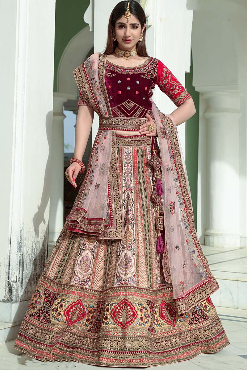 Velvet Fabric Wedding Wear Trendy Textured Embroidered Work Lehenga In Pink Color