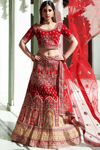 Wedding Wear Velvet Fabric Red Color Embroidered Work Enchanting Lehenga