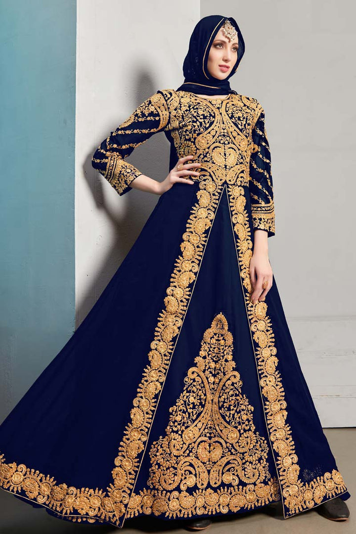 Engaging Navy Navy Blue Color Georgette Fabric Embroidered Work Anarkali Suit In Sangeet Wear